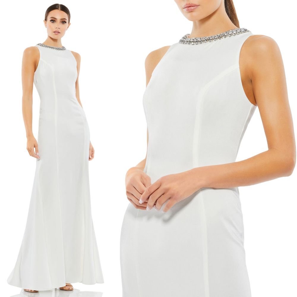 Mac Duggal Ieena NEW White Embellished Neck Sleeveless Crepe Trumpet Gown Size 2